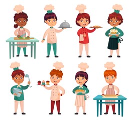 Cartoon children in chefs uniforn cook and hold dishes with food and dessert. African and asian boys and girls characters in aprons and cooks hats. Culinary show or restaurant kids mascot vector set