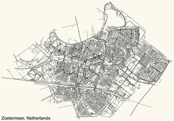 Detailed navigation black lines urban street roads map of the Dutch regional capital city of ZOETERMEER, NETHERLANDS on vintage beige background