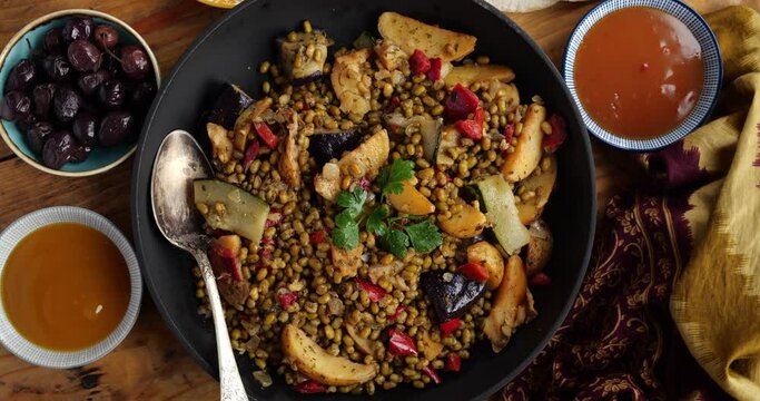 Green mung bean with baked vegetables, Top view