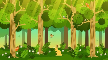 Forest cartoon landscape with trees, grass, animals and birds. Cartoon green forest. Vector image.