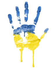 Imprint of left hand in blue and yellow paints, colors flag of ukraine isolated