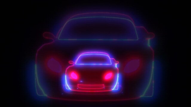 Retro futuristic seamless animation of a car in a grid laser landscape and synthwave sun in the background with whs interference