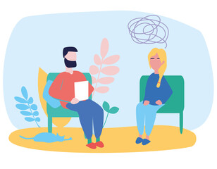 Flat psychologist office, patient. Individual psychological therapy and psychological counseling.Psychotherapy session. Mental health, health care and psychology. Psychiatric consultation.Flat cartoon - obrazy, fototapety, plakaty