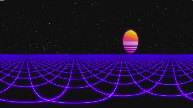 Equirectangular projection of a retrofuturistic seamless animation of a grid laser landscape with a synthwave sun in the background. 360 degrees panorama for environment map.