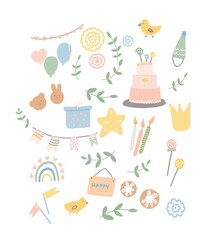 set birthday. Colored icons for birthday. Holiday hand drawn illustration.