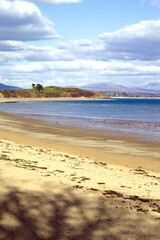 North Wales. Beautiful Welsh beach, Llanbedrog, Landscape view of broad sandy coast at this small picturesque resort.