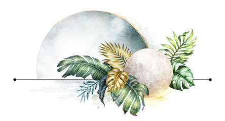 watercolor illustration isolated on white background. Botanical collage with assorted gold and green tropical palm leaves and moon
