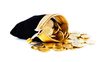 A bag with gold coins on a isolated on a white background. The money in a black bag. Treasure Hunt....