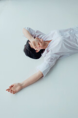 Portrait happy senior woman on a light background with a place for text. Elderly lifestyle concept