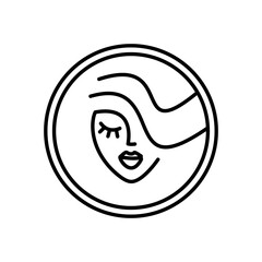 Girl face logo minimalism round. Woman face beauty salon icon. Hair curls, lips