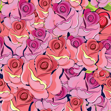 Roses.Seamless pattern with blooming flowers for holidays,decorations, packaging, printing, design ved. Vector image. 