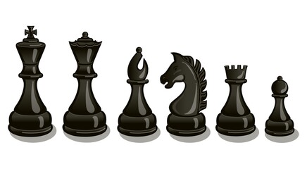Intellectual leisure activity symbol.Realistic black chess pieces set. King, queen bishop and pawn horse rook. Black chess figures for board game.  Vector illustration