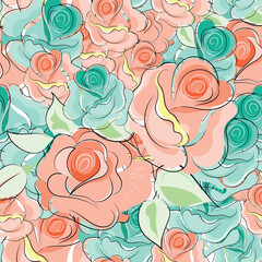 Roses. Floral seamless pattern with blooming flowers and leaves. Vector image for packaging, wallpapers, decorations, holidays, web and print. 