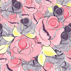 Roses. Floral seamless pattern with blooming flowers and leaves. Vector image for packaging, wallpapers, decorations, holidays, web and print. 