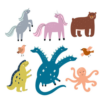 Magic creatures vector set. Dragon, dinosaur, octopus, unicorn, horse, bear, birds funny illustrations