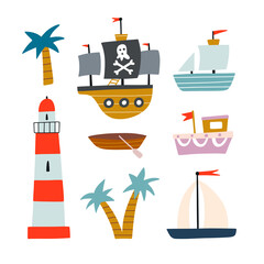 Obraz na płótnie Canvas Cute ships and boat vector set. Lighthouse, pirate ship, palms, sea yacht illustrations on white background