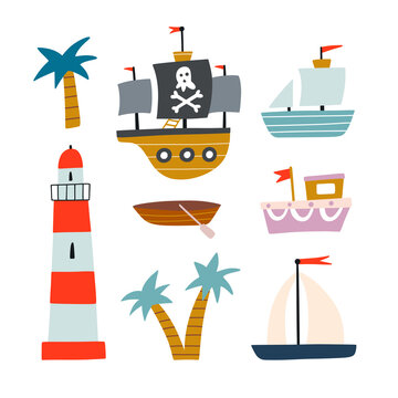 Cute ships and boat vector set. Lighthouse, pirate ship, palms, sea yacht illustrations on white background
