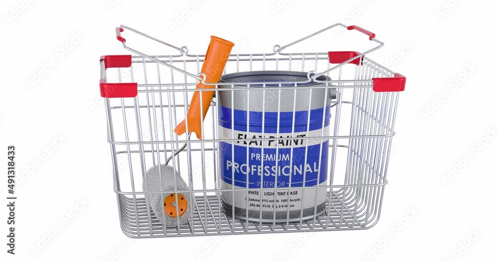 Poster paint can and roller brush, construction building adding to shopping basket, 3d animation. 3d render