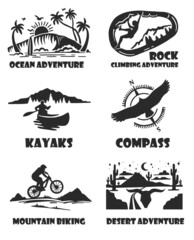 Adventure graphics set. Silhouettes. Mountains, desert, oceans, mountain biking, compass, kayaking, rock climbing. Icons, logos, stickers.