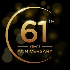 61 years anniversary celebration. Anniversary logo with ring and elegance golden color isolated on black background, vector design for celebration, invitation card, greeting card, and banner