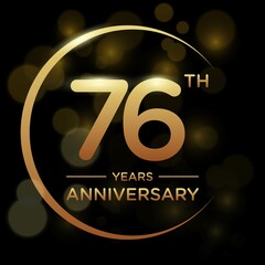 76 years anniversary celebration. Anniversary logo with ring and elegance golden color isolated on black background, vector design for celebration, invitation card, greeting card, and banner