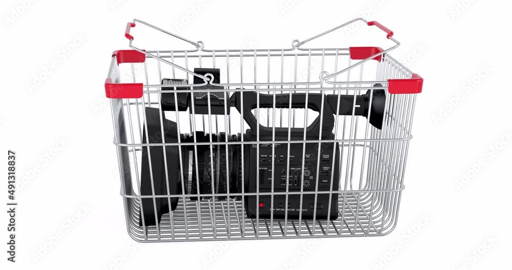 Poster professional video camera adding to shopping basket, 3d animation. 3d rendering isolated on white ba