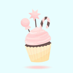 Sweet cupcake with cream and candies. Isolated on white vector illustration. Tasty sweet food.