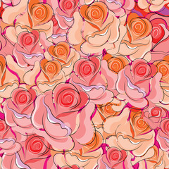 Roses. Floral seamless pattern with blooming flowers and leaves. Vector image for packaging, wallpapers, decorations, holidays, web and print. 