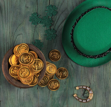 St. Patrick's Day, Irish green hat and gold coins