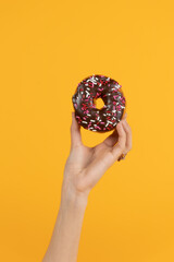 Hand holding Chocolate frosted donut with Sprinkles