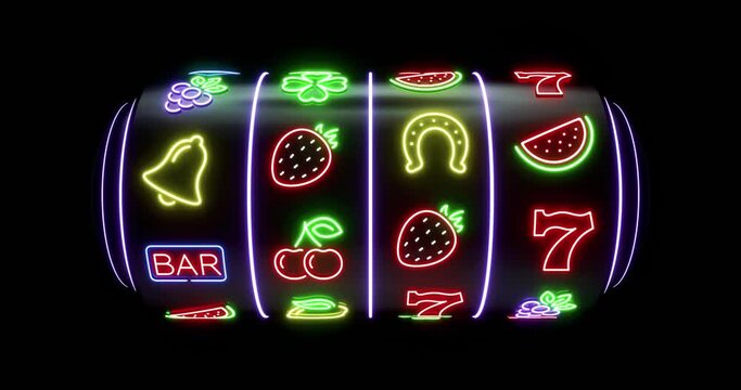 Animated Futuristic Slot Machine Concept With Colorful Neon Lights Isolated On The Black Background. Stops At 7777. 3D 4K Video.	
