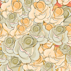 Roses. Floral seamless pattern with blooming flowers and leaves. Vector image for packaging, wallpapers, decorations, holidays, web and print. 