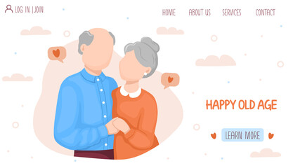 Web page design with elderly hugging couple. Love in old age, Grandparents Day, Happy family concept. Vector illustration for poster, banner, website.