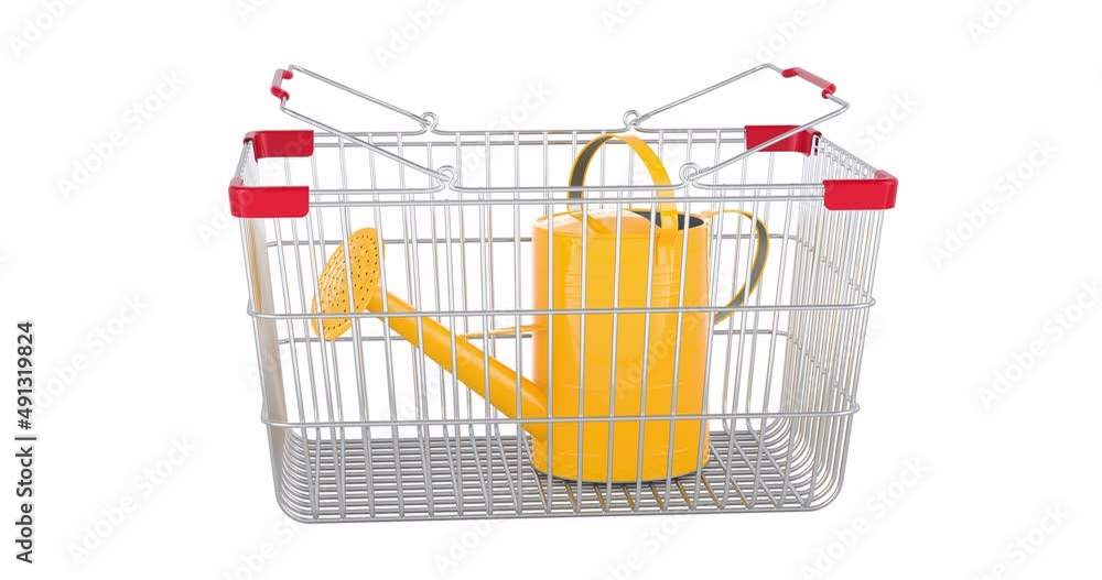Poster watering can adding to shopping basket, 3d animation. 3d rendering isolated on white background
