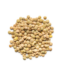 Uncooked brown lentils. Raw legume isolated on white background.