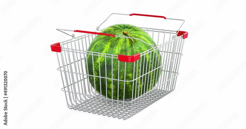 Poster shopping basket with watermelon rotating, 3d animation. 3d rendering isolated on white background