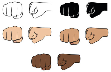 Fist Punching from Front and Side Clipart Set - Outline, Silhouette and Color