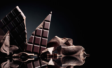 Chocolate on a black reflective background.