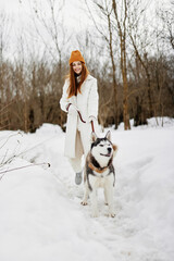 Fototapeta na wymiar cheerful woman in the snow playing with a dog fun friendship winter holidays