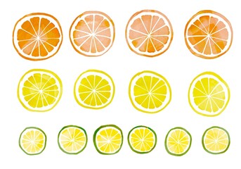 水彩画。水彩画のレモン、オレンジ、ライムのイラスト。いろんなサイズの果実断面カットイラスト。Watercolor painting. Watercolor lemon, orange, and lime illustrations. Illustration of fruit cross sectional cuts of various sizes.