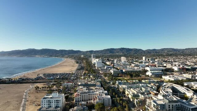 Santa Monica downtown from drone. California theme with Santa Monica center aerial view, filmed by drone.