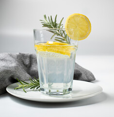 Glass with fresh lemon water or homemade lemonade and rosemary on white background, stock photo