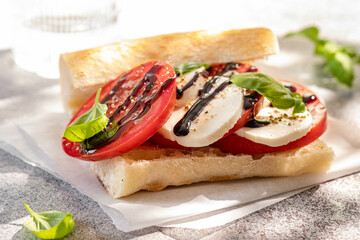 Delicious sandwich with caprese salad. Ripe tomatoes and mozzarella cheese with fresh basil leaves. Italian food.