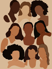 Nine elegant silhouettes of girls and women in a minimalist boho style. Women of different skin and hair style together. International Women's Friendship and the movement for women's rights. - 491322865