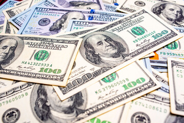 American dollars as a background. Finance and banks. The growth of the dollar.