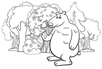 cartoon bear animal character and forest coloring book page