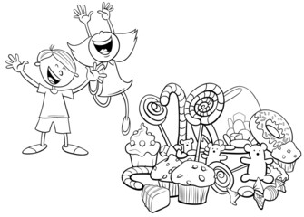 cartoon children and a pile of sweets coloring book page