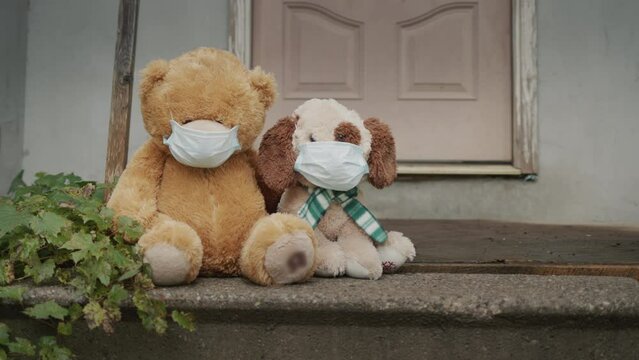 A pair of toys - a bear and a dog in protective masks sit on the porg at home