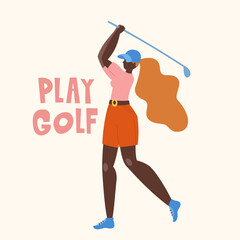 African american young girl hitting ball with golf club. Vector flat hand drawn illustration. Female golfer plays golf. Woman in sport. T-shirt print design.