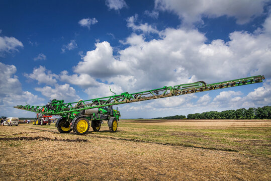 Belogorye, Khmelnytsky region, UKRAINE - August 19, 2021: John Deere self-propelled sprayer at the demonstration of agricultural machinery "Battle of agrotitans"